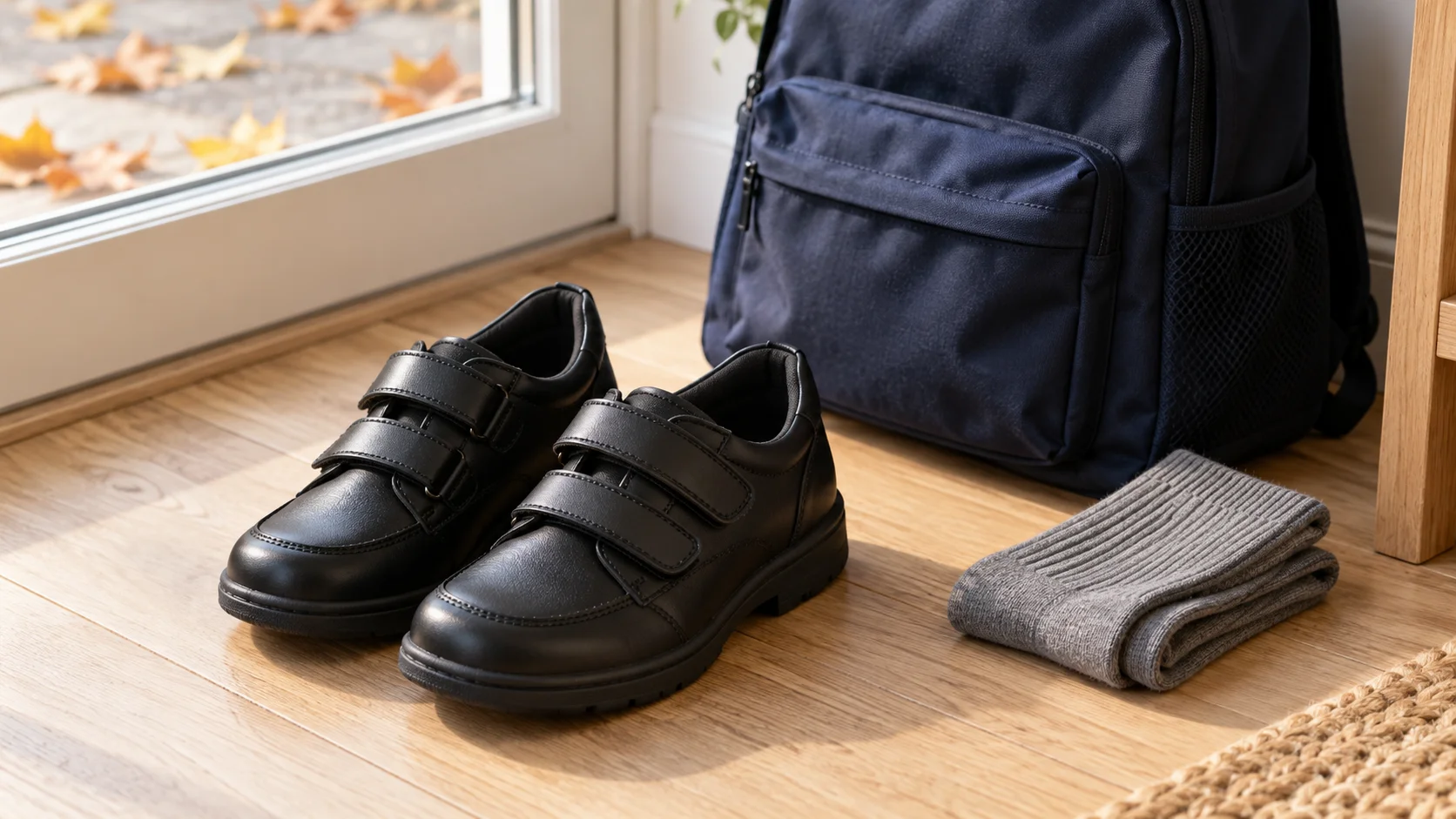 New black school shoes with Velcro straps beside a navy school bag and grey school socks