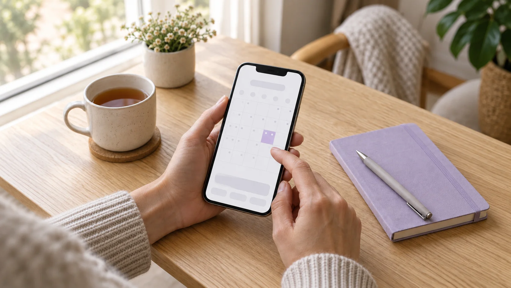 Hands using a phone to book a foot care appointment at a kitchen table