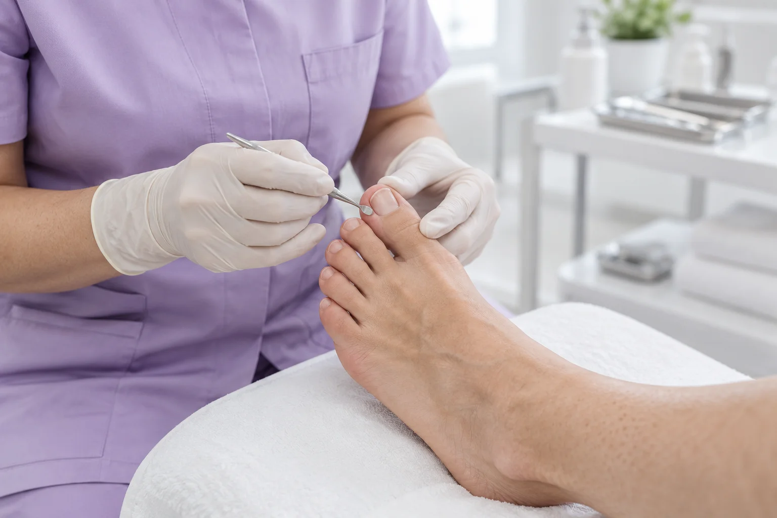 A foot health care assistant treating an ingrown toenail with sterile instruments