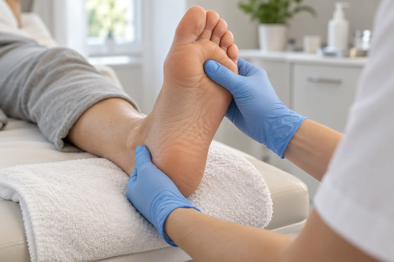 Gloved hands examining the sole of a foot at Harbour Foot Clinic