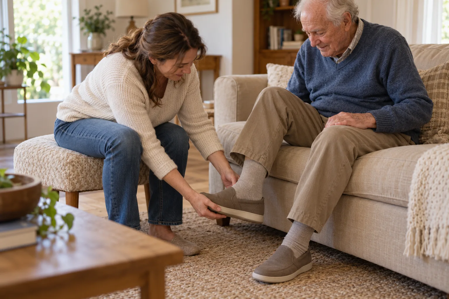 Adult daughter helping her elderly father with his shoes