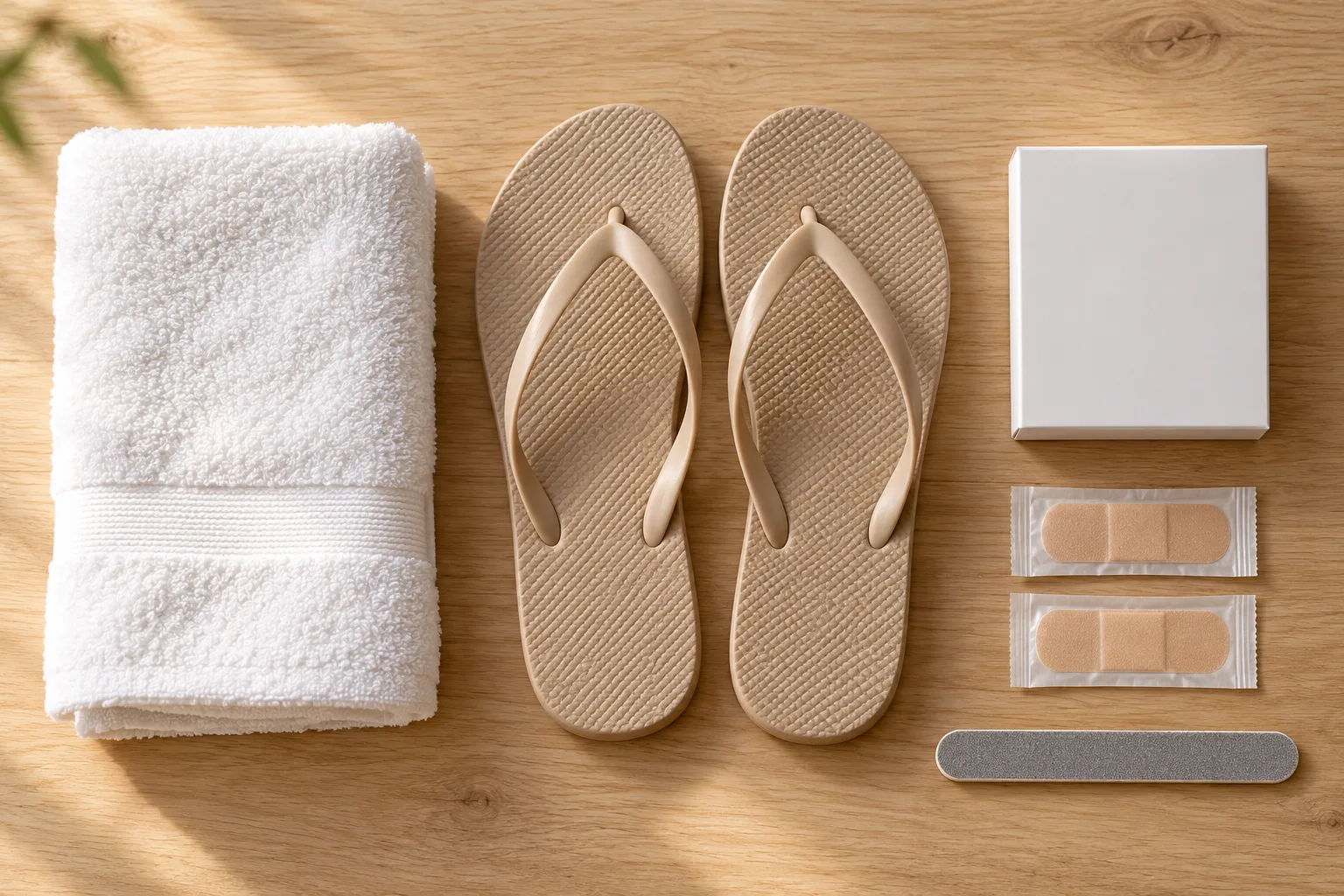 Flip-flops, plasters, a towel and a nail file for preventing verrucae spreading