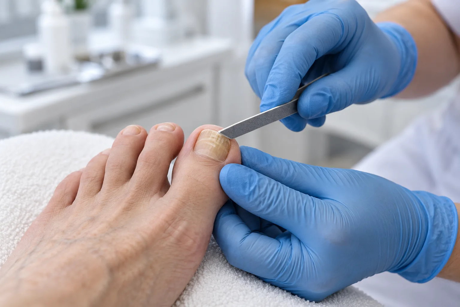 Foot care assistant filing a thickened toenail during a follow-up appointment
