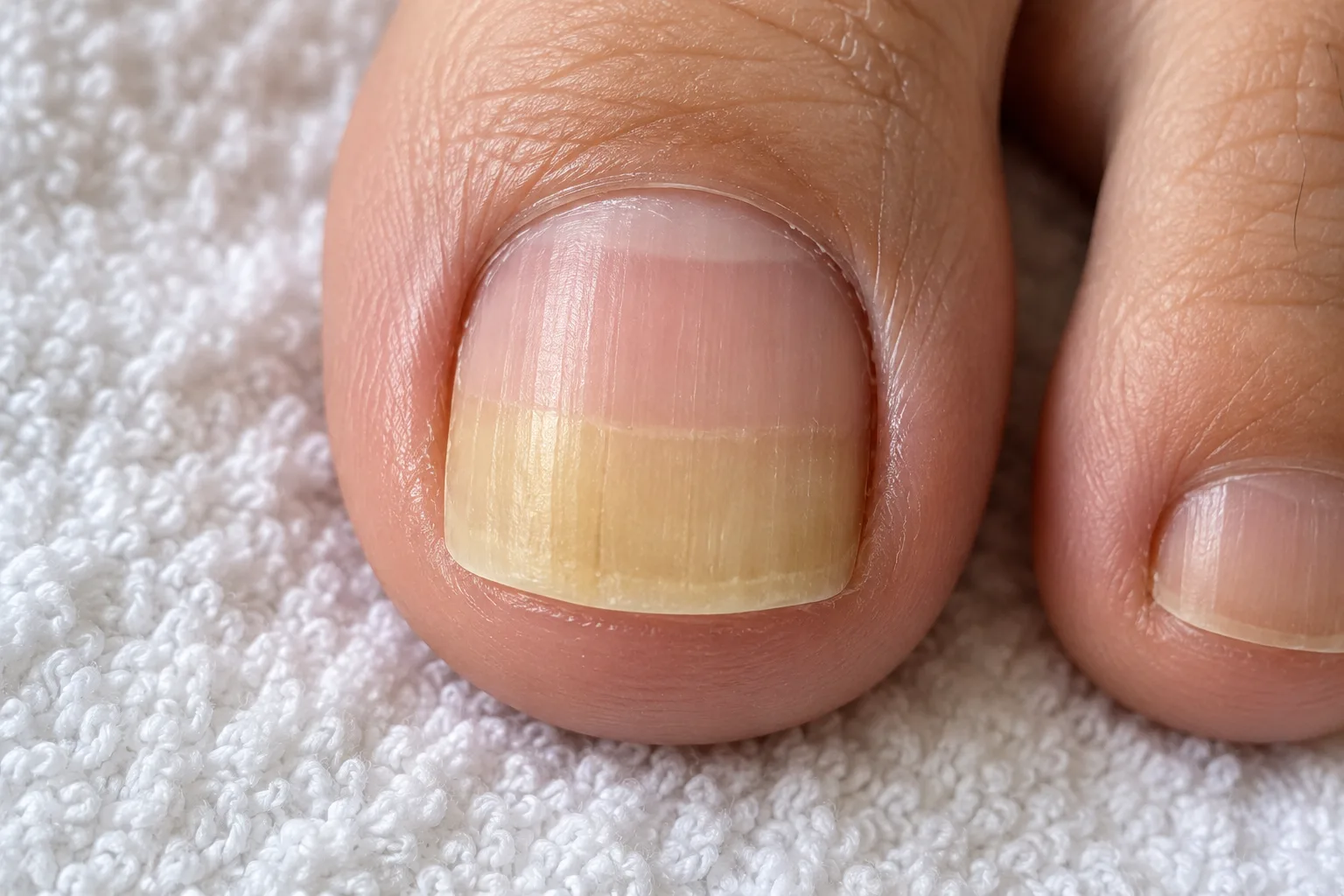 Healthy new nail growing out from the base of a big toenail