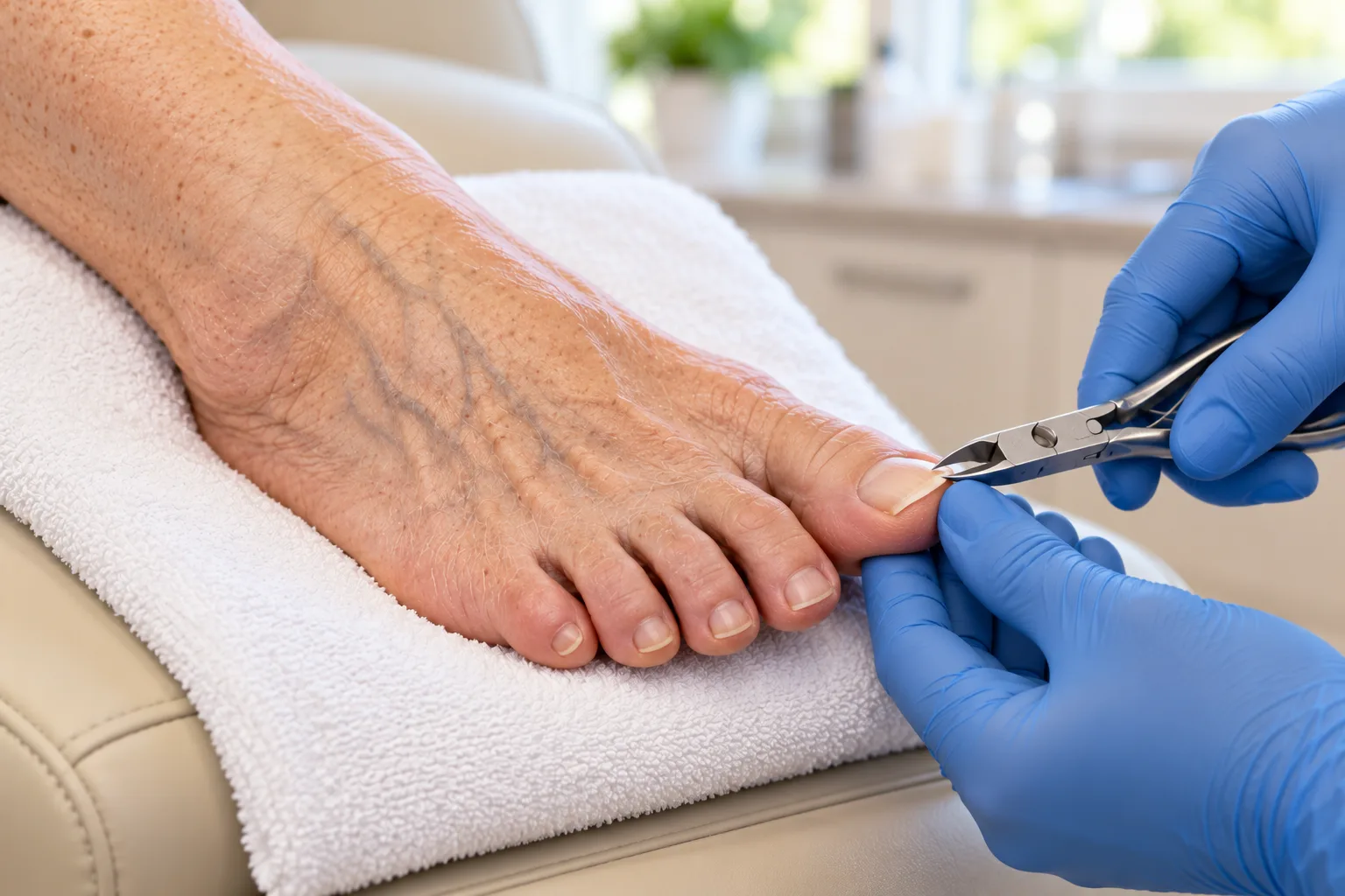 Toenails being cut for an older client at Harbour Foot Clinic in Mullingar